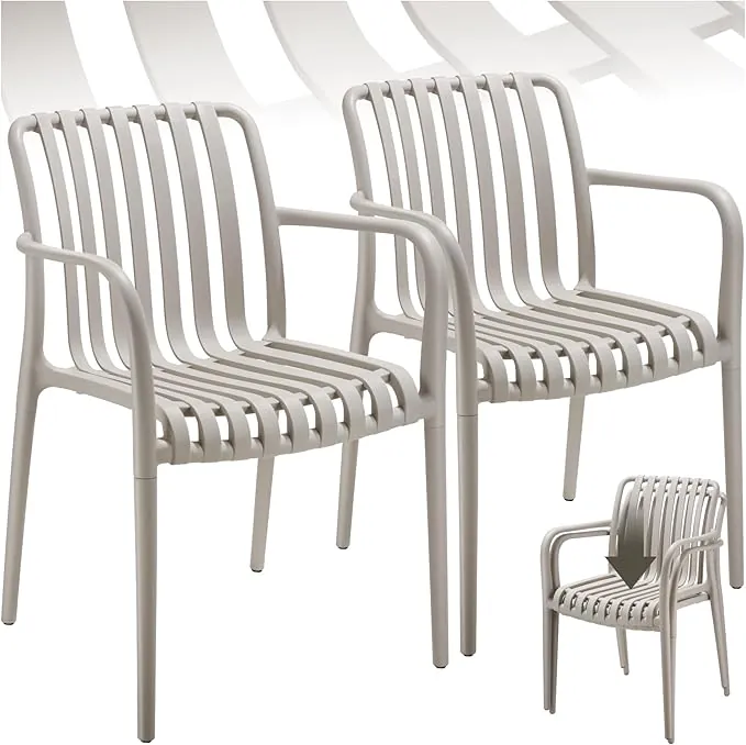 tectake® Sillas Terraza Exterior Apilables, Plástico Resistente, Antideslizante, Fácil de Montar, Muebles Resistentes, Sillas Jardin Exterior - Set de 2 con Reposabrazos Gris Topo