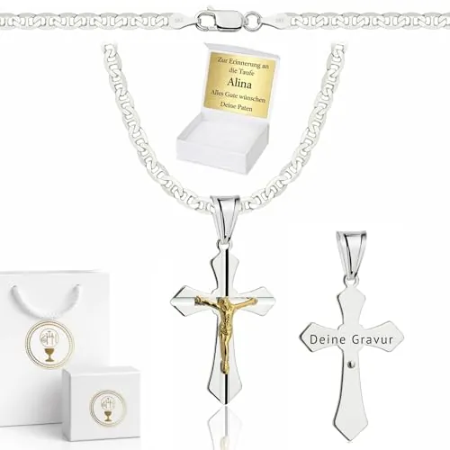 ZELYA Cadena de plata con cruz de plata 925 cadena de eslabones para niñas y niños – Cadena de comunión con cruz de 45 cm, cadena infantil para comunión y bautizo, caja de regalo con grabado, 45 cm
