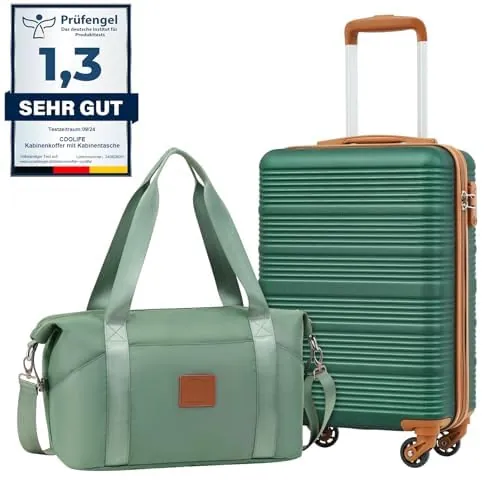 COOLIFE Maleta Cabina 55x35x20 para Ryanair & Easyjet, Bolsa de Viaje 40x25x20cm para Viajes Cortos y Viajes de Negocios, Trolley Cabina de ABS con Candado TSA, 4 Ruedas de 360° (Verde/Marrón)