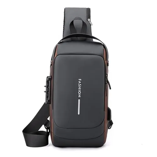 MOANATURA Bolso Bandolera Hombre con USB y Bloqueo de Contraseña – Antirrobo, Estilo Moderno – Bolso Grande Cruzado de Pecho para Moto, Viajes o Ciudad – 4 Colores (Gris Marrón)