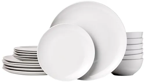 Amazon Basics Vajilla, 6 servicios, Paquete de 18, Porcelana blanca lisa
