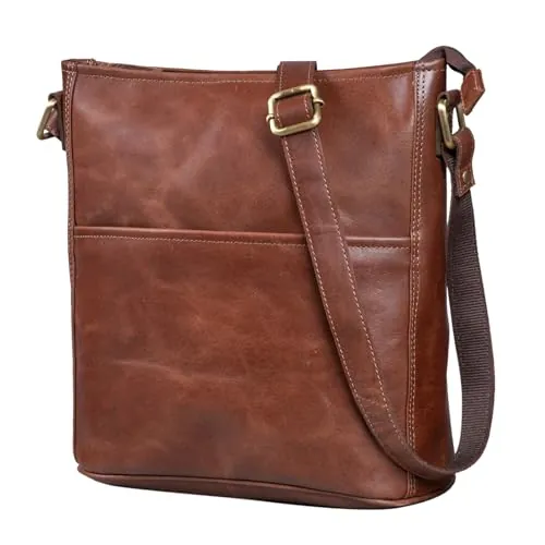 LEABAGS Bolso de Cuero para Mujer | Bandolera de Cuero Genuino | Hombro para Trabajo, Universidad, Escuela y Tiempo Libre | Tamaño M (24 x 23 x 6 cm) | Vintage Cognac