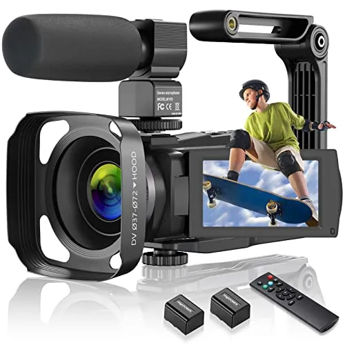CAMKORY Videocámara 4K 48MP WiFi, cámara de vlogging para YouTube 16X zoom digital, pantalla táctil IPS de 3,0 pulgadas, visión nocturna infrarroja, con micrófono, cargador de batería y 2 baterías,