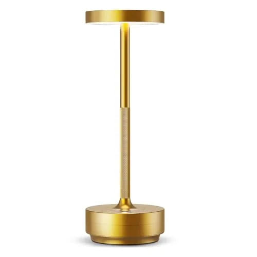 HYMZP Lámpara de Mesa LED Recargable, 3 Colores de Luz con Regulación Continua, IP54 Impermeable, Batería 5000mAh, Diseño Metálico Moderno, con Función de Memoria para Interior y Exterior (Oro)