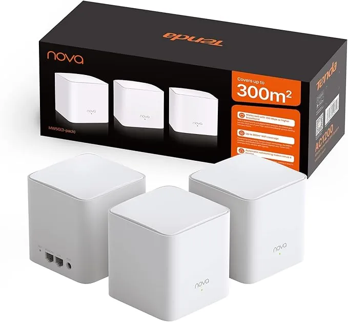 Tenda Nova MW5G Mejor Sistema WiFi Mesh, Gigabit Router (AC1200 Doble Banda Cobertura hasta 300m², 2 * 1000Mbps Puertos, hasta 80 Dispositivos, Compatible con Alexa, Control Parental, Blanco, 3 Hubs)