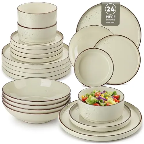 vancasso NAVIA - Vajilla Completa de 24 Piezas para 6 Personas, Platos Vajilla Moderna de Gres - 6 Cuencos Cereales, 6 Postres, 6 Platos Llanos y 6 Hondos - Apto para Microondas y Lavavajillas - Beige