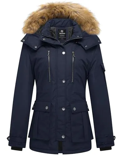 Wantdo Cálido Antiviento Chaqueta de Algodón Invierno Mujer Azul Marino M