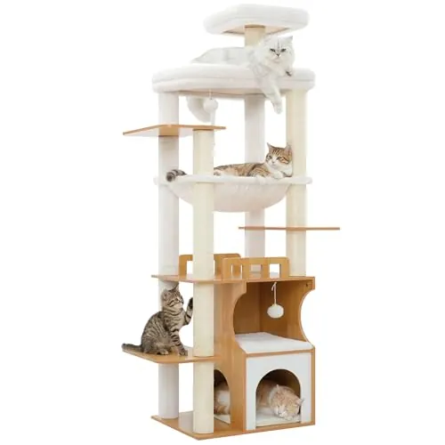 Gitelsnour Rascador para Gatos Madera para Gatos Grandes, 2 Cuevas GCT102WB | Árbol rascador para gatos de 180 cm para maine coon, plataformas, hamaca grande, juguetes, postes de sisal, nogal