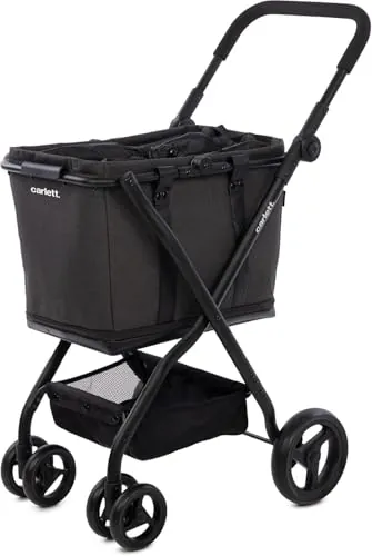 Carlett Carrito de Compra Plegable 4 Ruedas, Bolsa Amplia y Extraíble 56L-75L, Manillar Regulable, Freno de Seguridad, Cesta Convertible a Bolso, Resistente al Agua, Cubre Lluvia, Cube S, Color Negro