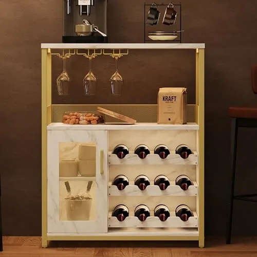 Garvee Aparador Vinos con Puerta de Cristal y Cajón, 3 Niveles con 12 Cubos