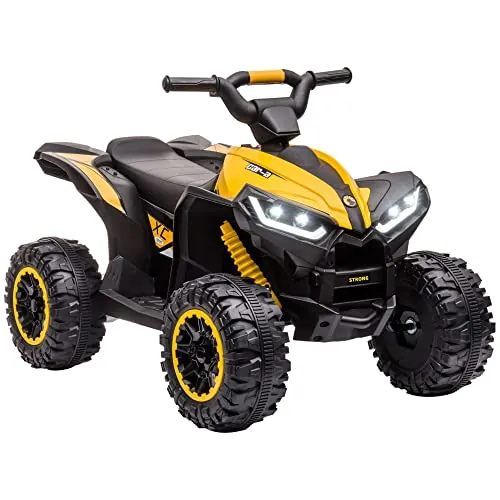 HOMCOM Quad Eléctrico para Niños 12V, Quad para Niños de 3-5 Años, con 2 Motores, Velocidad Ajustable 3-6km/h, Faros, Bocina, Música, USB, Avance y Retroceso, Amarillo