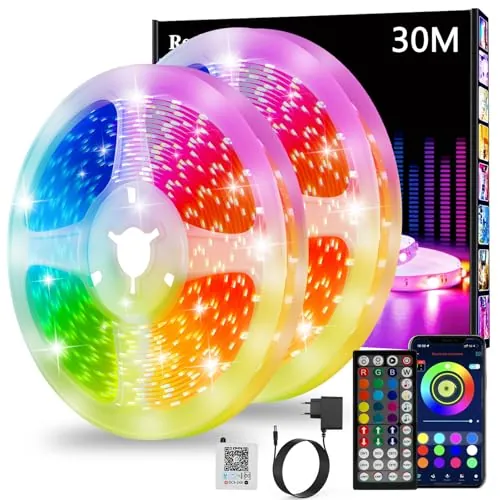 Tira LED 2x15m, Luces Led Habitacion RGB Bluetooth Adhesivas, Luces LED | Luces LED con Control Remoto y Inteligente Control de APP, Cambia el Color con la Musica para Sala/Dormitorio/Bar/Fiesta(30m)
