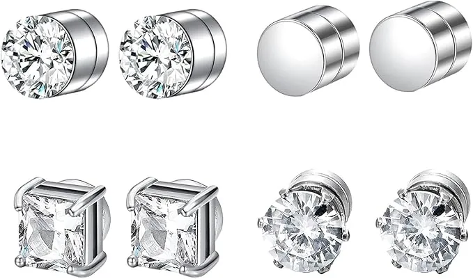 4 Pares Pendientes Magnéticos, Sin Necesidad de Perforar, Pendientes Iman Hombre, 6 mm Pendiente Hombre Plata Diamante, Pendiente de Imán para Hombres y Mujers
