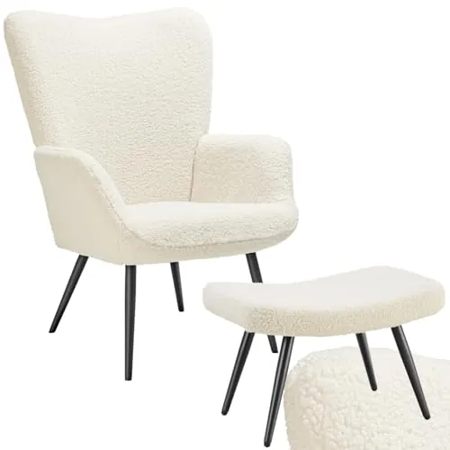 tectake® Sillón Tapizado Bouclé, Respaldo Ergonómico, Acolchado Grueso | Patas de Acero Lacadas, Tapones Antideslizantes, Con Taburete, Estilo Ascandinavo Moderno, Montaje Fácil, Crema/Negro