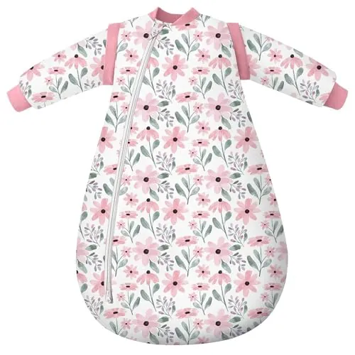 Yoofoss Saco de Dormir para Bebé Mangas Extraíbles 3.0 TOG Algodón Frío Invierno Manta Envolvente para Dormir Súper Cálido 84 cm para Unisex Niñas Niños 12-18 Meses Floral rosa