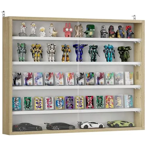 HOMCOM Vitrina Expositora de Pared para Colecciones de 5 Niveles con Estantes Ajustables y 2 Puertas Correderas de Vidrio, 80x9,5x60 cm, Blanco y Roble