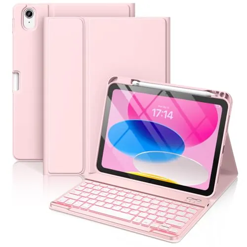 Vobafe Teclado for iPad 11 Generación A16 2025/10 Generación 2022 (11/10,9 Pulgada), QWERTY Español Ñ, Retroiluminado de 7 Colores Bluetooth Magnéticamente Teclado para iPad 11/10 Gen, Rosa Claro