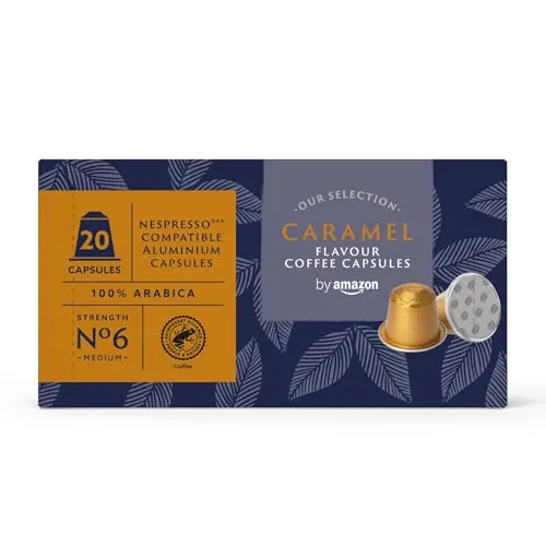 by Amazon Cápsulas de Aluminio de Café Sabor Caramelo Compatibles con Nespresso, 20 Unidades (1 Paquete de 20), Certificadas por Rainforest Alliance