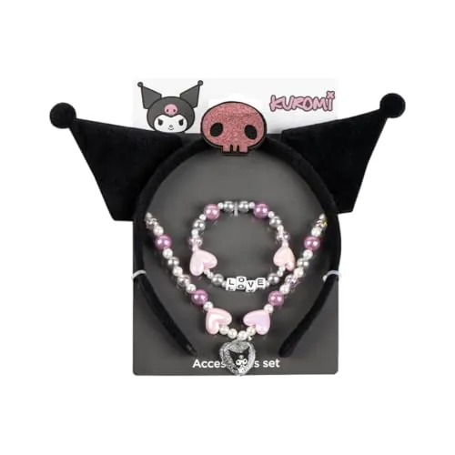 My sweety pop | Set de joyas infantiles Kuromi de 3 piezas | Diadema de orejas puntiagudas, collar y pulsera surtidos | Idea de regalo de cumpleaños para niña | Accesorios disfraz Cosplay Kawaii negro