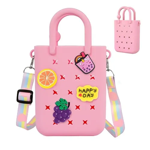 Oudizz Bolso de Silicona con Orificio Y Correa Ajustable para el Hombro, Puede ser Usado Como Adorno, Regalo de Cumpleaños para Niñas, Rosa