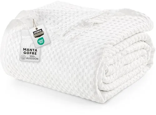 Utopia Bedding Manta tipo gofre de 100% Algodón (182x228cm, Blanco) | Manta ligera de verano con estampado de cuadros, de algodón para cama o sofá, apta para cualquier estación.