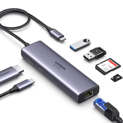 UGREEN Revodok 107 Hub USB C Ethernet Gigabit 7 en 1 Docking Station | HDMI 4K 60Hz, RJ45 1000Mbps, Lector de Tarjetas SD TF, 5Gbps, PD 100W, Compatible con MacBook iPad Pro Air iPhone 18 Pro Max