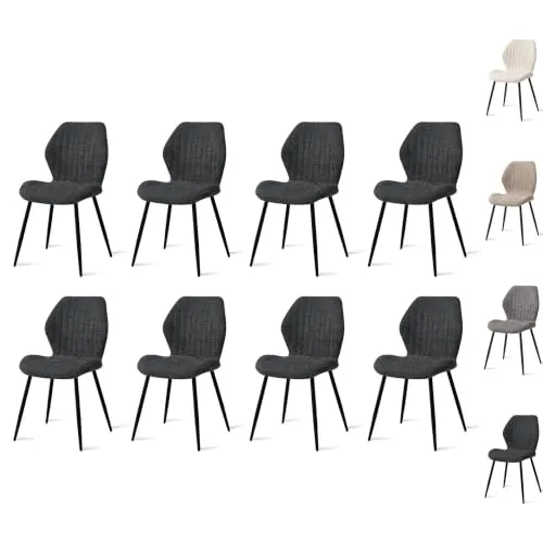 JZGORC Juego de 8 Silla de Comedor, Silla de Cocina de Lino, con Patas de Metal Negro, Cojín de Tela Relleno de Esponja de Rebote de Alta Densidad, Adecuada para Comedor, Cocina - Negro