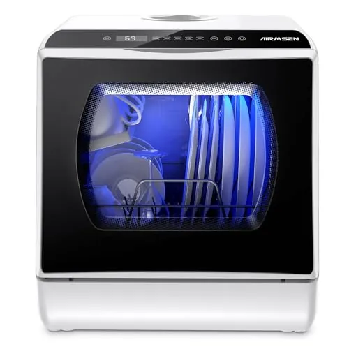 AIRMSEN Mini Lavavajillas de Sobremesa con 5+1 Programas, Depósito de 5 Litros, 2 Formas de Suministro de Agua, Control Táctil y Pantalla LED, Ideal para Cocinas Familiares, Apartamentos y Dormitorios