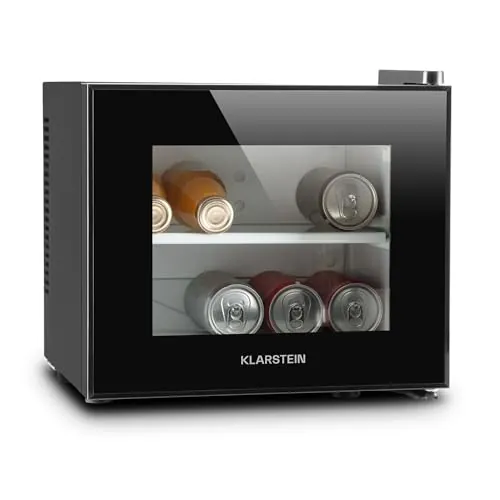 KLARSTEIN Frosty Nevera Mini - Frigorífico de bebidas, 10 litros, 65W, Puerta de cristal, Doble aislamiento, Baja contaminación acústica, Diseño compacto, Estantes extraíbles, Clase B, Negro