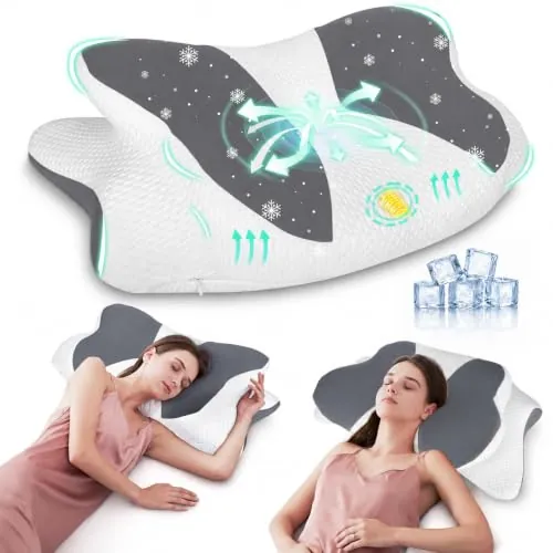 Nuvellina Almohada Cervicales y Cuello, Almohada Cervical Viscoelástica para Cervicales, Tejido Refrescante, Almohada Antirronquidos para Dormir de Lado, Boca Arriba y Boca Abajo, Color Gris Claro