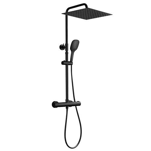 JOHO Columna de Ducha en Acero INOX con Grifo Termostático, Conjunto ducha con Barra Ducha Altura Adjustable, Cabezal Ducha Lluvia 30x30 cm y Mezclador, Negro