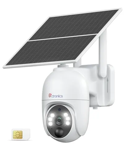 Ctronics 2K 4G LTE Camara Vigilancia Exterior Solar, PTZ IP Cámara | Vigilancia Sim Sin Cables, 10400mAh Batería, PC/Cloud/FTP, Visión Nocturna Color, Detección Movimiento PIR (Blanco)