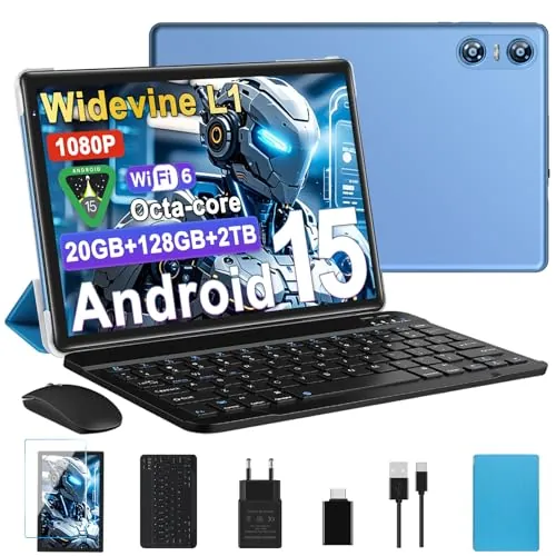Tablet Android 15 Tablet 10 Pulgadas, 20GB RAM + 128GB ROM (TF 2TB), Octa-Core, Widevine L1, GMS, 5G+2.4G WiFi 6, 5 + 8 MP, 1280 * 800 Pixels, 6000mAh, Bluetooth 5.0, Tablet con Teclado y Raton Azul
