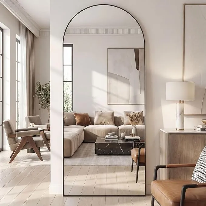 180 x 75 cm Espejo de Cuerpo Entero, Cristal Templado, Espejo Arqueado con Soporte, Marco de Aleación de Aluminio, para Dormitorio, Salón, Vestuario