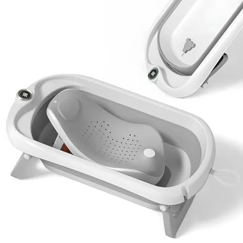 Bañera Plegable Bebé Con Asiento De Baño Antideslizante - bañera Bebe Plegable Con Termómetro - Asiento Bañera Bebe - Silla - Desde El Nacimiento Hasta Los 3 Años - Regalos De Nacimiento (GRIS)