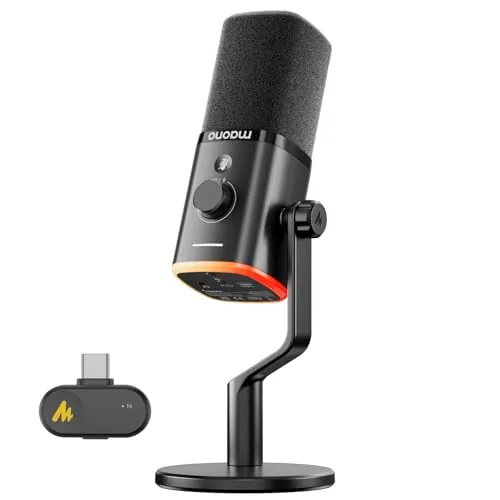MAONO PD100W Micrófono Gaming Inalámbrico para PC, Micrófono Dinámico USB con Reducción de Ruido, Botón Mute, RGB & EQ por Software para Streaming, Grabación & Podcast, Negro