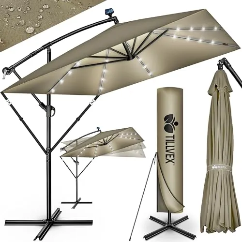 tillvex® Sombrilla de Jardín Rectangular Ø 330 cm con Manivela + Funda con Manivela | Sombrilla con soporte & Protección Viento | Parasol mercado impermeable + Protección UV (Marrón - con LED)