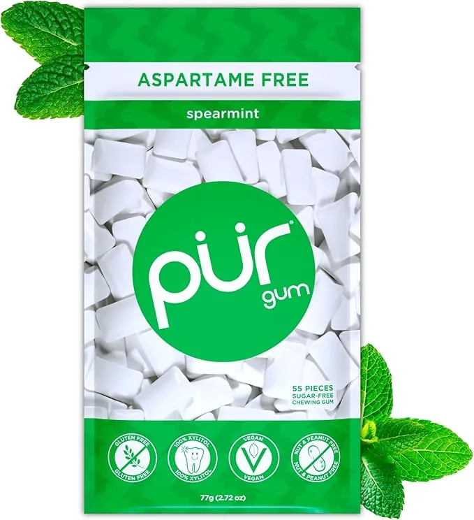 PUR Gum | Chicle Sin Azúcar | 100% Xilitol | Vegano, Sin Aspartamo, Sin Gluten y Apto Para Diabéticos | Chicle con Sabor Natural a Spearmint, 55 Piezas (Paquete de 1)