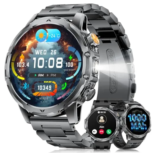 LIGEMI Reloj Inteligente Hombre con 1000mAh/Linterna, 1.53" HD Militar Smartwatch Hombre con Llamadas Bluetooth, Monitor de Sueño, SpO2, IP68 Impermeable, 120+ Modos Deportivos para Android iOS