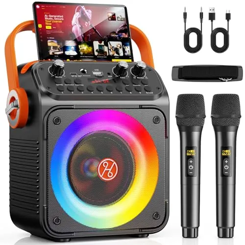 HWWR Karaoke 2 Microfonos Inalambricos, Karaoke Profesional para Adultos Y Niños Altavoz Bluetooth con Preamplificador De Micrófono, Portátil Bluetooth Fiesta Altavoz Karaoke-Regalo