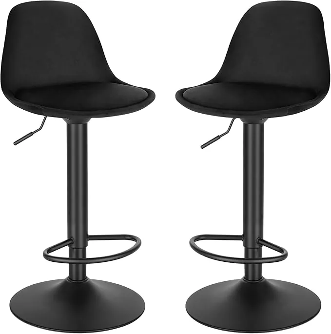 EUGAD Juego de 2X Taburete de Bar Giratorio, con Altura Ajustable Entre 60,5 y 82 cm, Taburete de Cocina, Estructura Metal, con Respaldo y Reposapies, Negro, Cuero Sintético, 0651BY-2