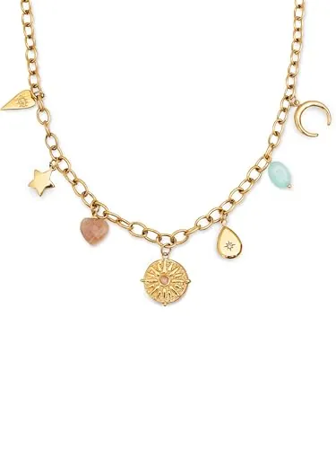SINGULARU - Collar Multicharms Soleil. Acero con Acabado en Baño de Oro de 18kt. Cadena de Eslabones con Charms Colganes. Detalles en Piedras Naturales y Circonitas. Joyas para Mujer