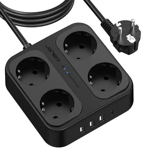 JSVER Regleta Enchufes Proteccion Sobretension 4 Tomas Corrientes y 4 Rápida USB Tomas, Regleta USB 3680W/16A con Interruptor y Protección contra Sobrecargas, Cable de 3M-Negro