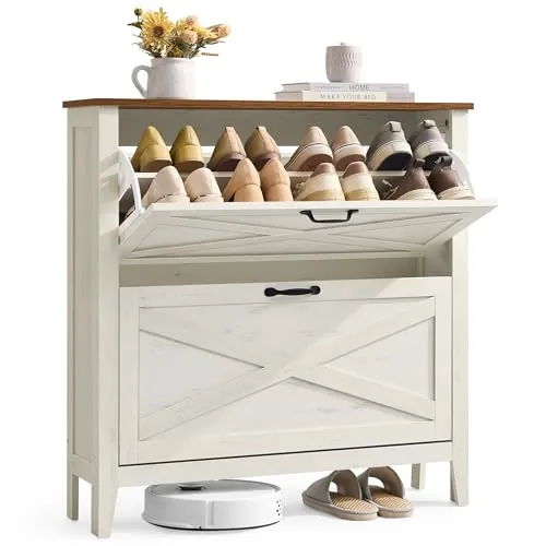 VASAGLE LIRY Colección - Mueble Zapatero, con 2 Cajones Abatibles, Zapatero Estrecho Independiente para Entrada, Estilo Rústico, para 12 a 16 Pares, Blanco Rústico HSC201W01