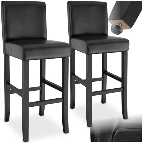 tectake® Taburete de Bar, Diseño Ergonómico, Cuero Sintético, Madera Maciza, Ideal para Comedor, Cocina, Asiento Altura 76 cm, Taburetes Altos Cocina, Taburete Bar - 2 Taburetes Negro