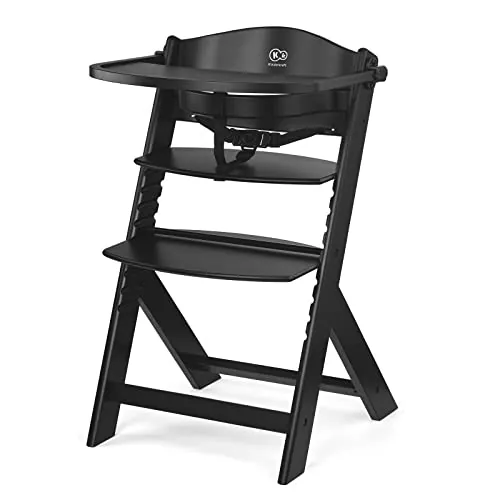 Kinderkraft ENOCK Trona bebé de Madera, portatil, para niños, Silla alta Infantil, Evolutiva, Ergonómica, Con accesorios, Barrera y Bandeja, Negro