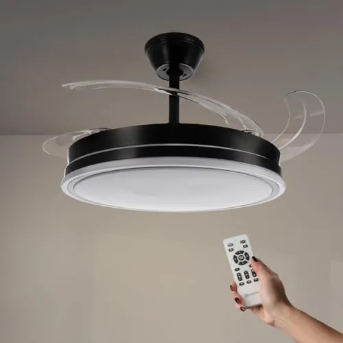 M mimotec - Ventilador de Techo Black Olga LED 66W con Luz CCT Regulable y Control de Intensidad, Motor DC 30W + LED 36W, Silencioso, 6 Velocidades, 4 Aspas Retráctiles, Temporizador
