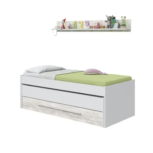 Habitdesign Cama Nido Juvenil, 2 Camas + Cajon + Estante, Cama Infantil, Acabado en Blanco Artik y Blanco Velho, Medidas: 199 cm (Largo) x 96 cm (Ancho) x 65 cm (Alto)