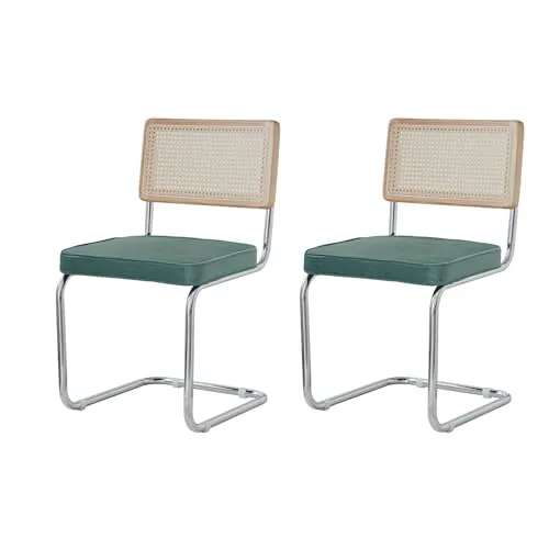 BenyLed Pack 2 Sillas de Comedor Estilo Nórdico Silla Escandinava; Sillas de Cocina Modernas con Respaldo de Madera Maciza de Ratán y Asiento Tapizado (Verde holandés Terciopelo)