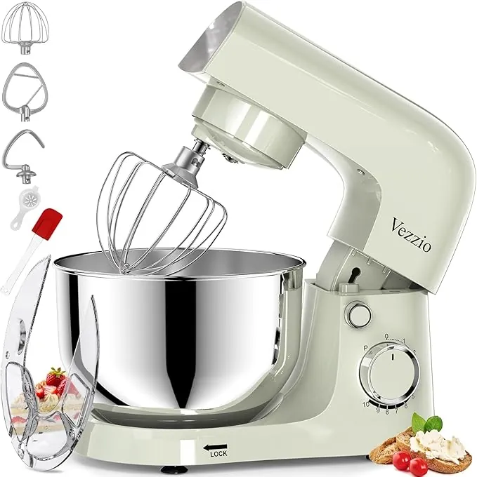 Vezzio Batidora Amasadora,1500W|4.5 L Amasadora de Pan Para Repostería,Bol de Acero inoxidable de Amasador,Batidor,Varillas y Protección Para Salpicaduras 10 Velocidades Repostería Profesional
